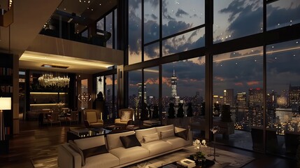 A contemporary urban penthouse with sweeping city views and sleek, modern interiors, featuring...