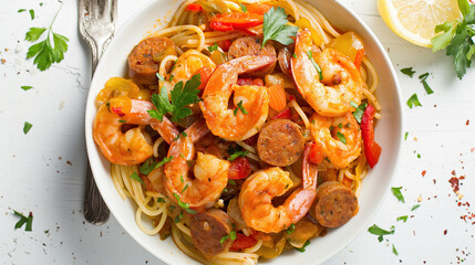 Cajun Shrimp and Sausage pasta, with colorful vegetables in the background on a white table top...
