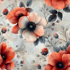 Ethereal Watercolor Flowers on Seamless Grey Background