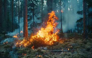 Forest Fire with Towering Flames and Smoke - Disaster Response, Environmental Impact, Climate Change - Emergency Services, Environmental Agencies.