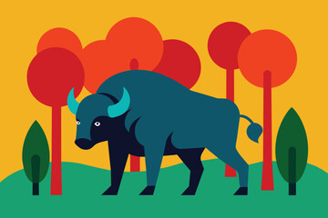 Abstract buffalo walking in the strange forest vector design