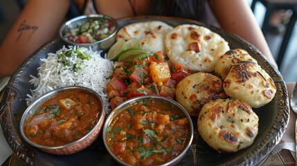 Food reacting to their first Indian thali in Mumbai. - obrazy, fototapety, plakaty