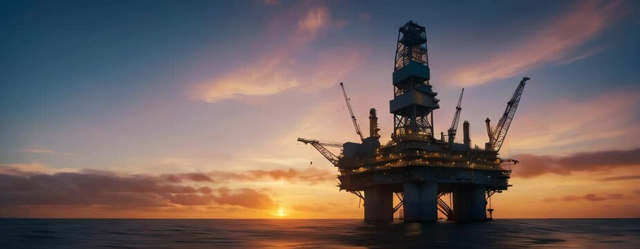 OIL RIG AT SUNSET, CLOSE UP. VIDEO. HORIZONTAL.
