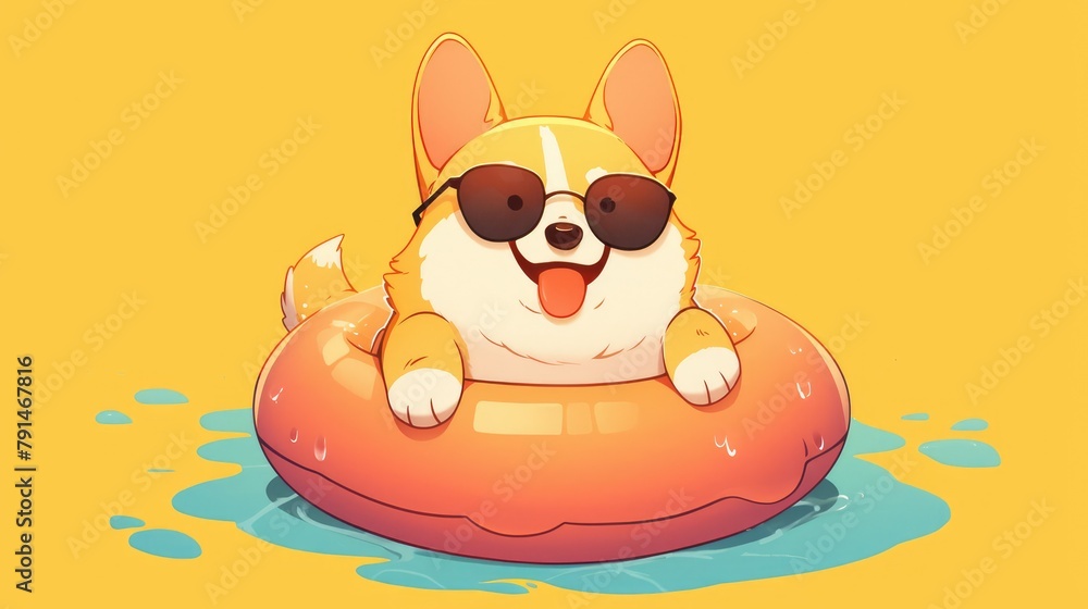 Sticker Illustration of an adorable corgi sporting a swim ring in a fun cartoon 2d design This premium isolated 2d depicts a summery animal icon in a charming flat cartoon style