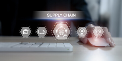 AI in supply chain, business value chain management concept. More accurate, reliable, cost-effective. Planning with real-time visibility, control over a fully optimized supply chain. Digital twin tech - obrazy, fototapety, plakaty