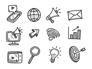 Set of digital marketing doodles with black and white color. Hand-drawn digital marketing elements