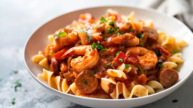 Pasta with sausage and shrimp in tomato sauce in a white bowl, stock photo, food magazine or restaurant menu