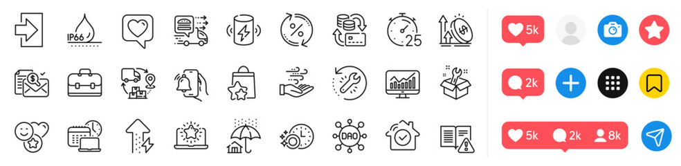 Instruction manual, Dao and Spanner line icons pack. Social media icons. Login, House security, Dishwasher timer web icon. Best laptop, Home insurance, Portfolio pictogram. Vector