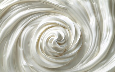 A swirl of white cream, which appears to be a type of whipped cream. The cream is spread out in a circular motion, creating a sense of movement and fluidity. Scene is light and airy