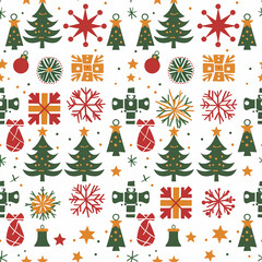 Naklejka na ściany i meble Christmas seamless pattern with trees, snowflakes, and gifts