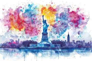 4th of July concept - fireworks over the Statue of Liberty, isolated on white