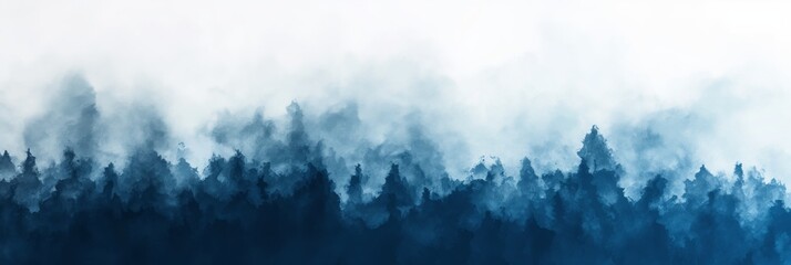 This image captures the essence of a misty forest with an abstract blue watercolor technique, creating a vibrant and tranquil scene