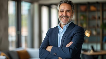 Fototapeta premium A man in a suit is smiling and posing for a picture