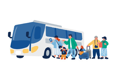 観光バスと旅行客の手描きイラスト
