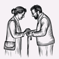 Elderly Men and Women Holding Hand Each Other Face To Face