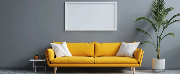 Vibrant and inviting, a sunflower yellow sofa stands out against a backdrop of neutral gray walls, with a blank white frame offering a space for personalization.