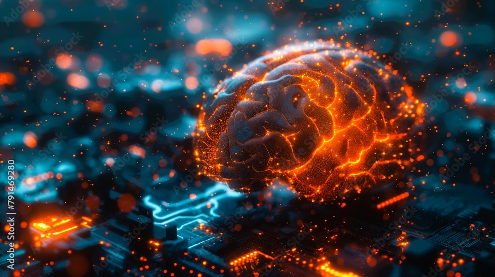 Poster a brain is shown in a computer monitor with a lot of glowing lights. the brain is surrounded by a lo