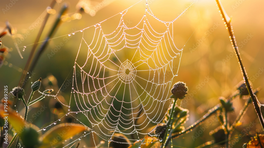 Wall mural a spider web is seen in the grass with dew on it