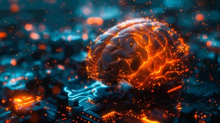 A brain is shown in a computer monitor with a lot of glowing lights. The brain is surrounded by a lot of wires and circuits, giving the impression of a futuristic concept. generative ai illustration.