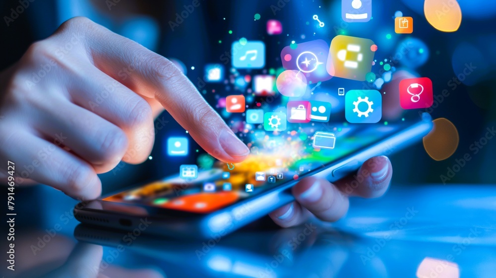 Poster a person is using a cell phone with a lot of apps on the screen. concept of technology and the many 