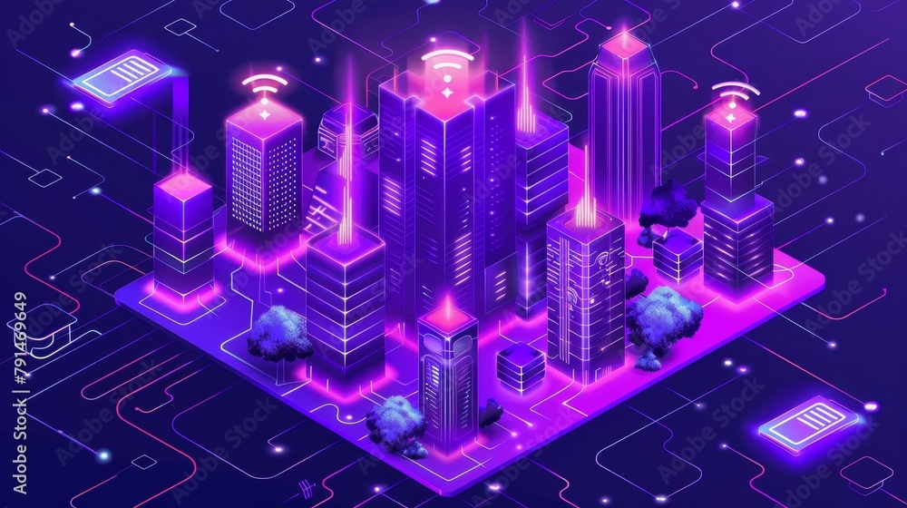 Poster an isometric concept of a smart city with wireless network technology. a tall building with a symbol