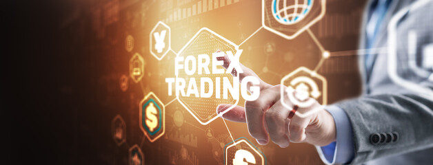 Businessman touching finger on the virtual screen and selecting Forex Trading - 791469629