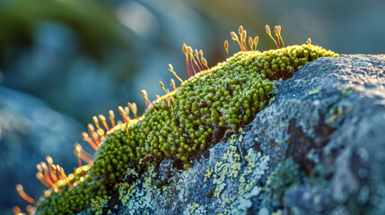 A rock covered in green moss and lichen - obrazy, fototapety, plakaty
