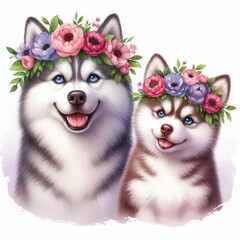 Fototapeta na wymiar Siberian Husky Mom and Baby ,Watercolor Mother's Day Clip Art, Greeting Art Cute Cartoon Character Illustration Design Isolated on White Background