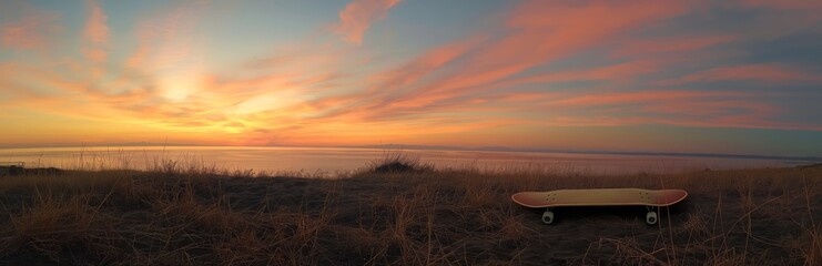Fototapeta premium A lone skateboard rests on a grassy hilltop against a breathtaking sunset, symbolizing solitude and serenity