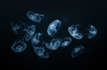 A group of jellyfish floating in the dark sea