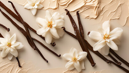 Vanilla leaf branch and flowers on ice-cream. Horizontal background for design, banner. Front view. Sunlight. 