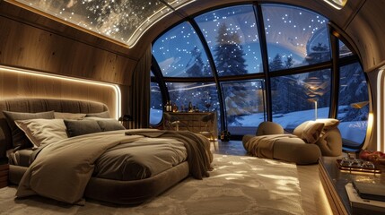 A glimpse inside a luxurious igloo complete with a plush bed furlined chairs and a mini bar all under a glass dome showcasing the sprawling starry sky. 2d flat cartoon. - obrazy, fototapety, plakaty