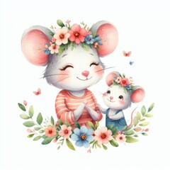 Rat Mom and Baby ,Watercolor Mother's Day Clip Art, Greeting Art Cute Cartoon Character Illustration Design Isolated on White Background