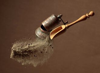Pepper grinder and spoon with pepper ground.