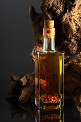 Bottle of spicy oil and olive tree snag on a black background.