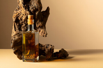 Bottle of spicy olive oil and olive tree snag on a beige background.