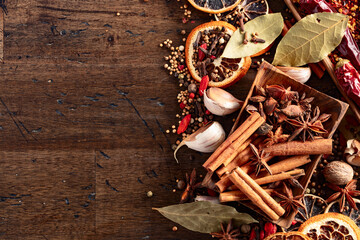 Various spices on a kitchen table.