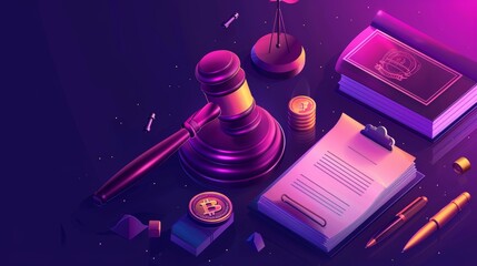 Law and justice isometric landing page with gavel, constitution book, stamp, coins, and pen on table. Punishment for crime, legal judgement, legislation 3d modern line art web banner. - obrazy, fototapety, plakaty