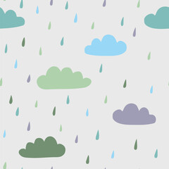 Obraz premium Cute hand drawn seamless pattern. Modern Scandinavian vector background. Simple textile design for kids clothes with clouds and raindrops