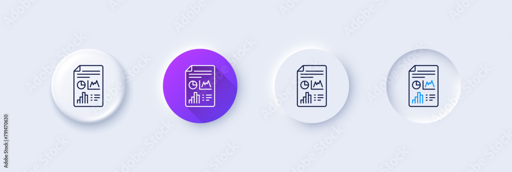Poster report document line icon. neumorphic, purple gradient, 3d pin buttons. column graph sign. growth di