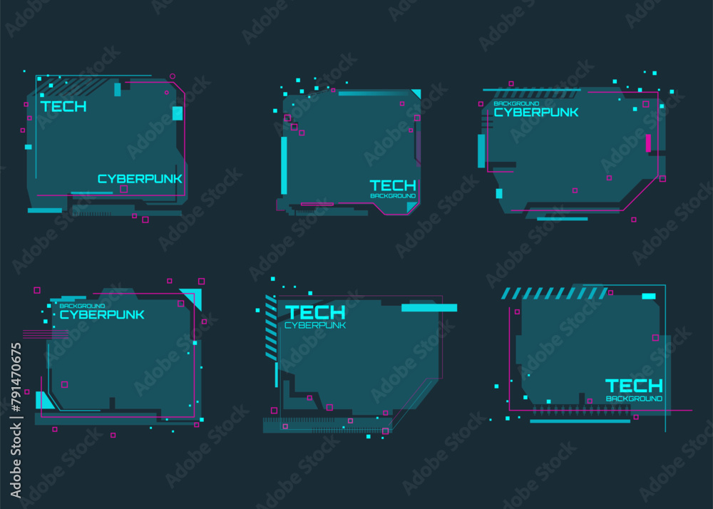 Poster abstract sci-fi text boxes in cyberpunk style with glitch effect. colorful glitchy background set. v