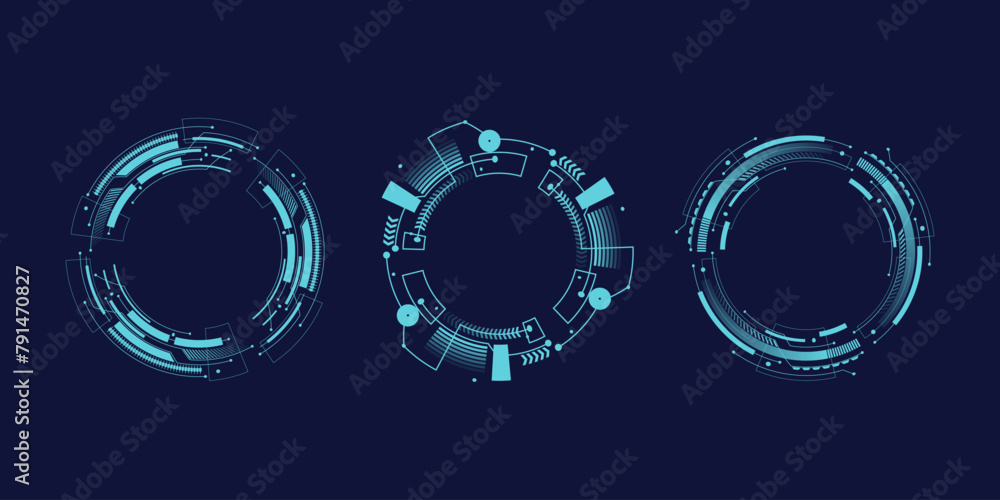 Poster round retro frame hud. cyberpunk style. hud interface vector icons set. round borders
