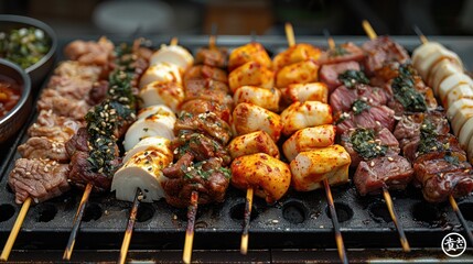 Korean street food stall with a variety of skewered meats.