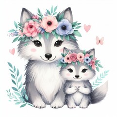 Fototapeta na wymiar Wolf Mom and Baby ,Watercolor Mother's Day Clip Art, Greeting Art Cute Cartoon Character Illustration Design Isolated on White Background