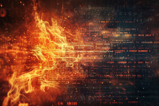 An abstract composition resembling a burning firewall, with flames composed of lines of code and digital debris. 