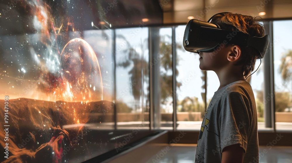 Poster a young boy is wearing a virtual reality headset and looking at a screen. the scene is set in a room