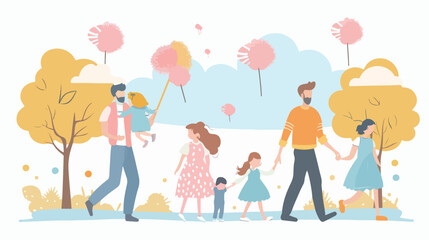 Happy family with kids walking in park with cotton candy