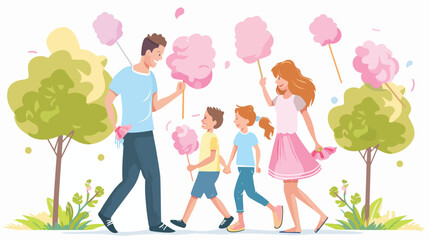 Happy family with kids walking in park with cotton candy