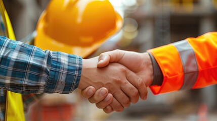 Close-up of a firm handshake between two construction workers with safety gear, symbolizing teamwork and agreement.