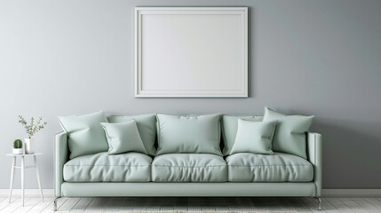 Tranquility pervades the space with a mint green sofa set against a backdrop of soft gray walls, enhanced by a pristine white empty frame hanging on the wall.